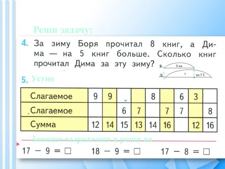 Реши задачу: Устно Запиши выражения и реши их