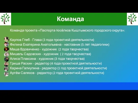 Команда проекта «Паспорта посёлков Кыштымского городского округа»: Карпов Глеб - Глава