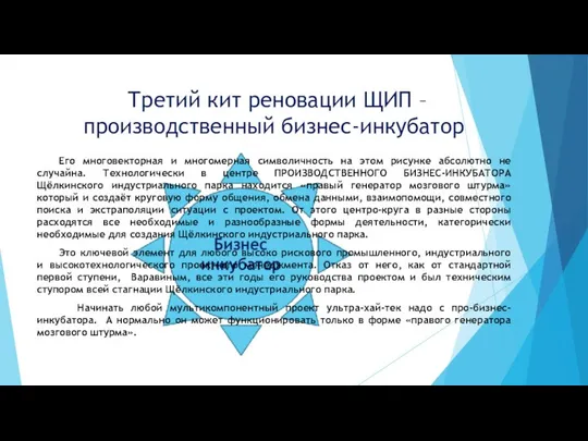 Третий кит реновации ЩИП – производственный бизнес-инкубатор Его многовекторная и многомерная