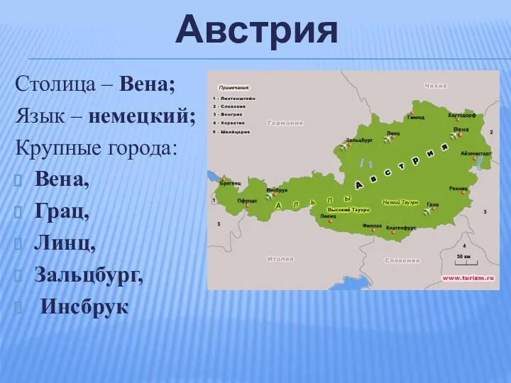 Австрия Столица – Вена; Язык – немецкий; Крупные города: Вена, Грац, Линц, Зальцбург, Инсбрук