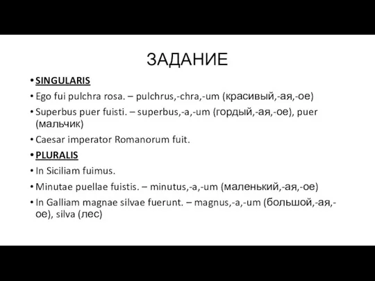 ЗАДАНИЕ SINGULARIS Ego fui pulchra rosa. – pulchrus,-chra,-um (красивый,-ая,-ое) Superbus puer