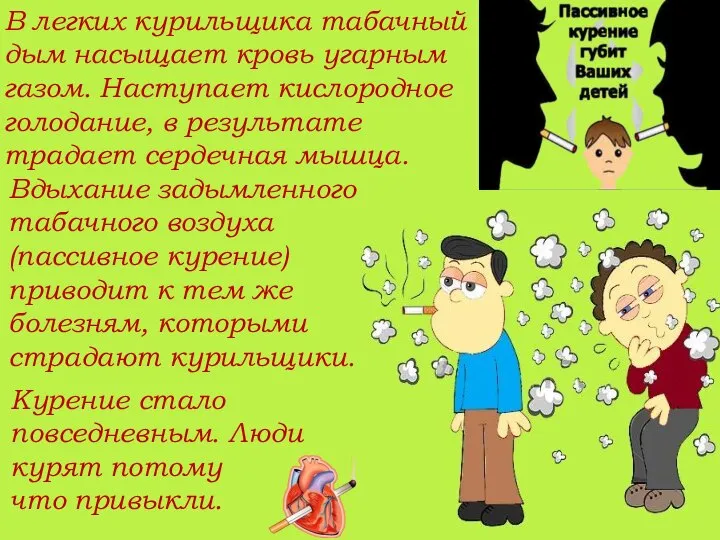 Вдыхание задымленного табачного воздуха (пассивное курение) приводит к тем же болезням,