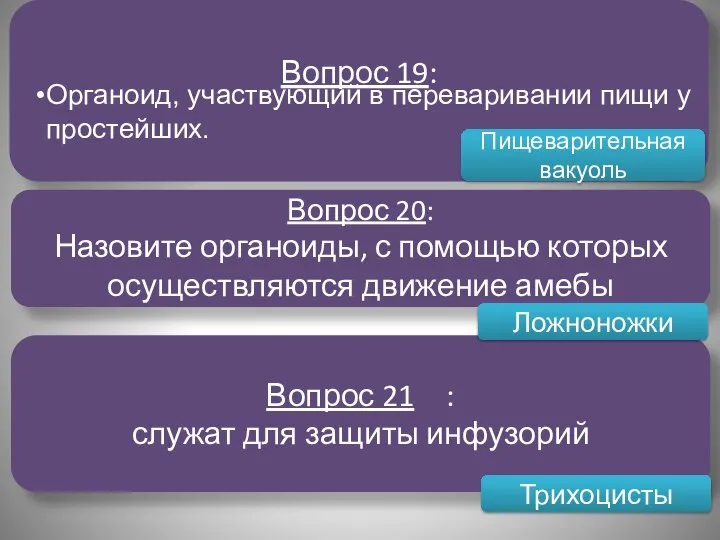 Вопрос 19: Вопрос 20: Назовите органоиды, с помощью которых осуществляются движение