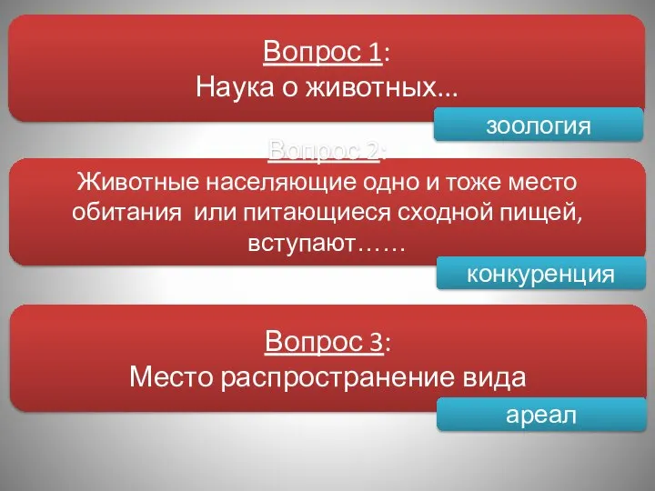 Вопрос 1: Наука о животных... Вопрос 2: Животные населяющие одно и