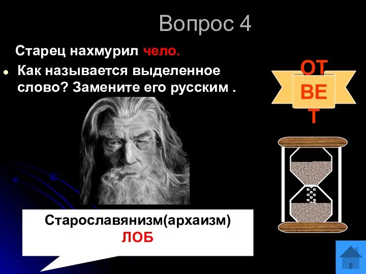 Вопрос 4 Старец нахмурил чело. Как называется выделенное слово? Замените его русским . ОТВЕТ Старославянизм(архаизм) ЛОБ