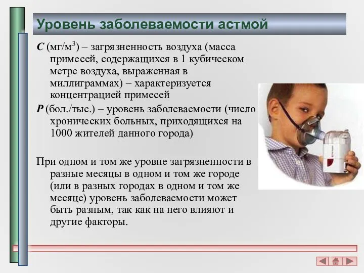 Уровень заболеваемости астмой C (мг/м3) – загрязненность воздуха (масса примесей, содержащихся