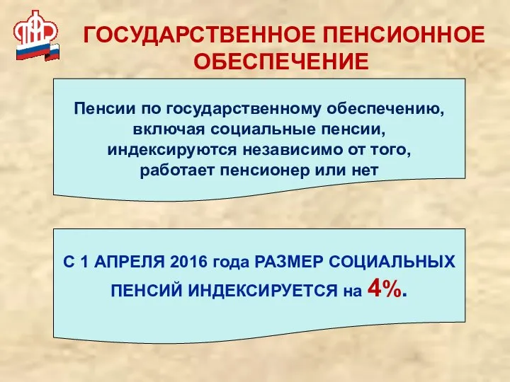 ГОСУДАРСТВЕННОЕ ПЕНСИОННОЕ ОБЕСПЕЧЕНИЕ Пенсии по государственному обеспечению, включая социальные пенсии, индексируются