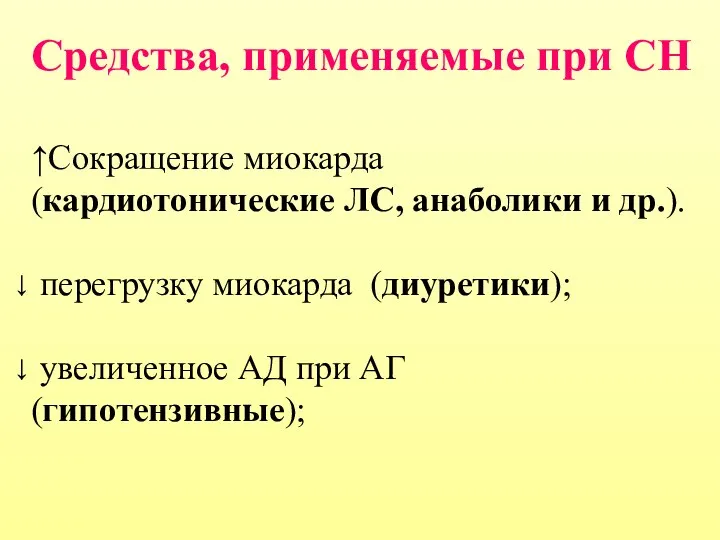 Средства, применяемые при СН ↑Сокращение миокарда (кардиотонические ЛС, анаболики и др.).