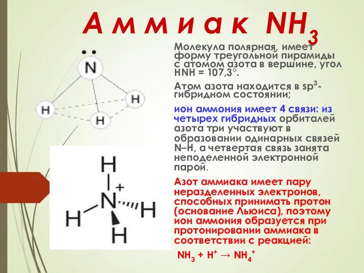 А м м и а к NH3 Молекула полярная, имеет форму