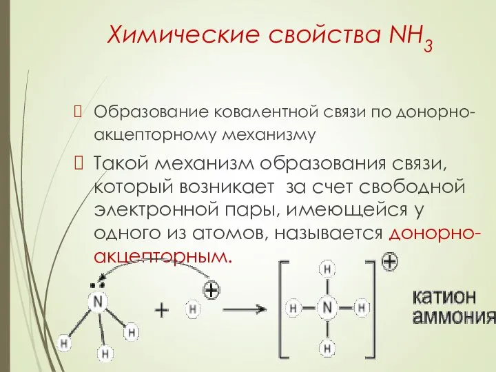 Химические свойства NH3 Образование ковалентной связи по донорно-акцепторному механизму Такой механизм