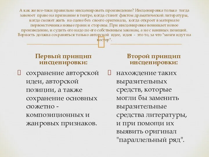 А как же все-таки правильно инсценировать произведение? Инсценировка только тогда завоюет