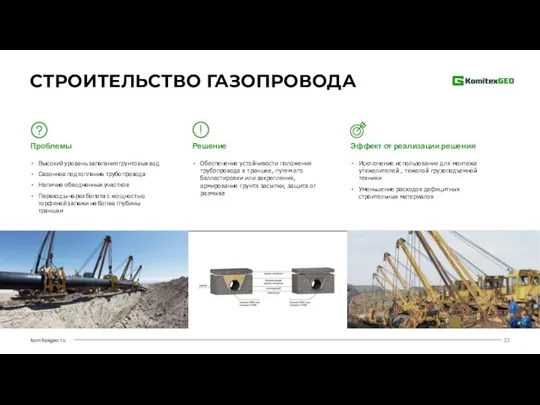 СТРОИТЕЛЬСТВО ГАЗОПРОВОДА Высокий уровень залегания грунтовых вод Сезонное подтопление трубопровода Наличие