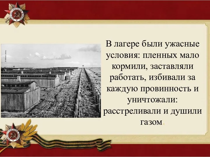 В лагере были ужасные условия: пленных мало кормили, заставляли работать, избивали