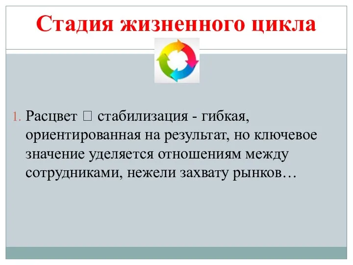 Стадия жизненного цикла Расцвет ? стабилизация - гибкая, ориентированная на результат,