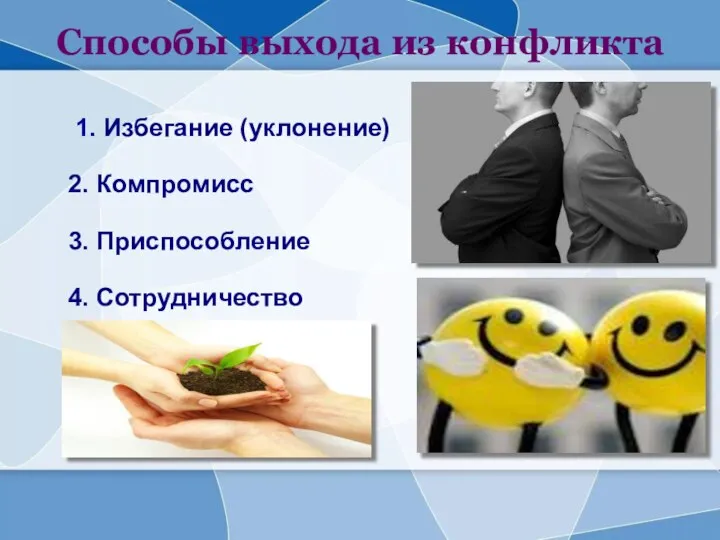 Способы выхода из конфликта 1. Избегание (уклонение) 2. Компромисс 3. Приспособление 4. Сотрудничество