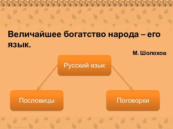 Величайшее богатство народа – его язык. М. Шолохов Русский язык Пословицы Поговорки