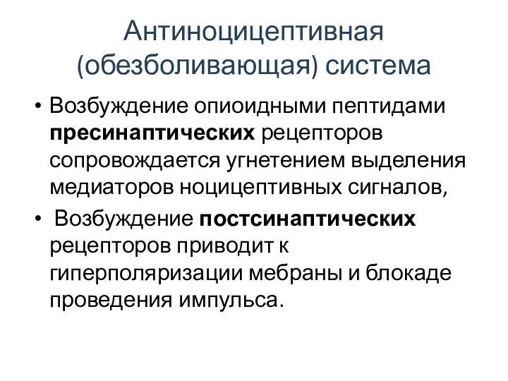 Антиноцицептивная (обезболивающая) система Возбуждение опиоидными пептидами пресинаптических рецепторов сопровождается угнетением выделения