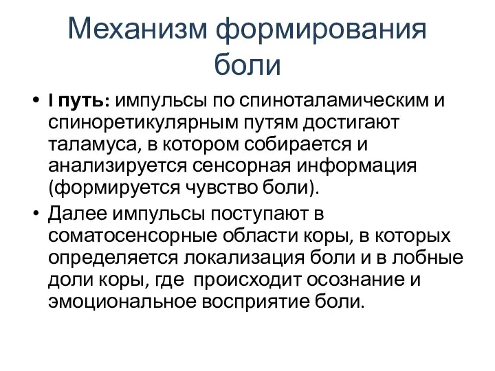 Механизм формирования боли I путь: импульсы по спиноталамическим и спиноретикулярным путям