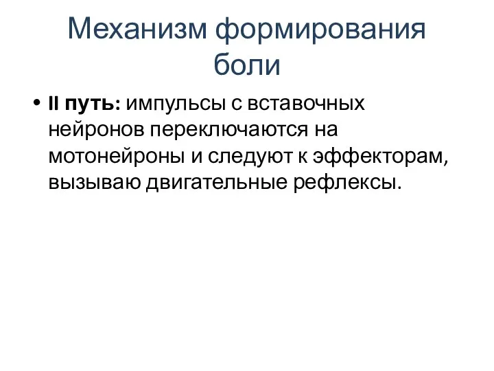 Механизм формирования боли II путь: импульсы с вставочных нейронов переключаются на