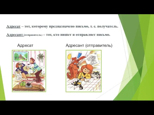 Адресат – тот, которому предназначено письмо, т. е. получатель. Адресант (отправитель)