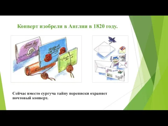 Сейчас вместо сургуча тайну переписки охраняет почтовый конверт. Конверт изобрели в Англии в 1820 году.