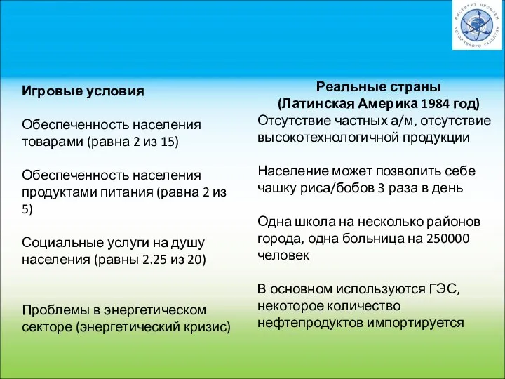 Игровые условия Обеспеченность населения товарами (равна 2 из 15) Обеспеченность населения