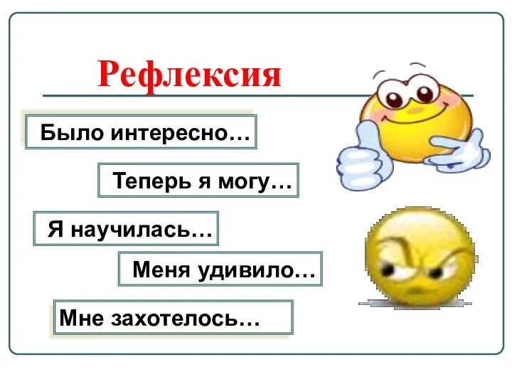 Рефлексия Было интересно… Теперь я могу… Я научилась… Меня удивило… Мне захотелось…