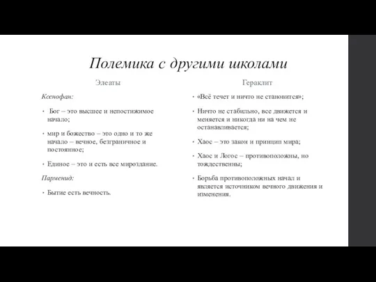 Полемика с другими школами Элеаты Ксенофан: Бог – это высшее и