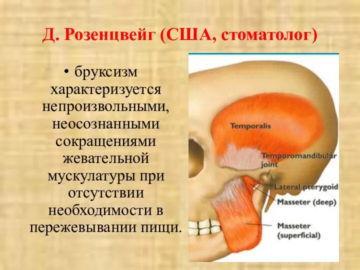 Д. Розенцвейг (США, стоматолог) бруксизм характеризуется непроизвольными, неосознанными сокращениями жевательной мускулатуры