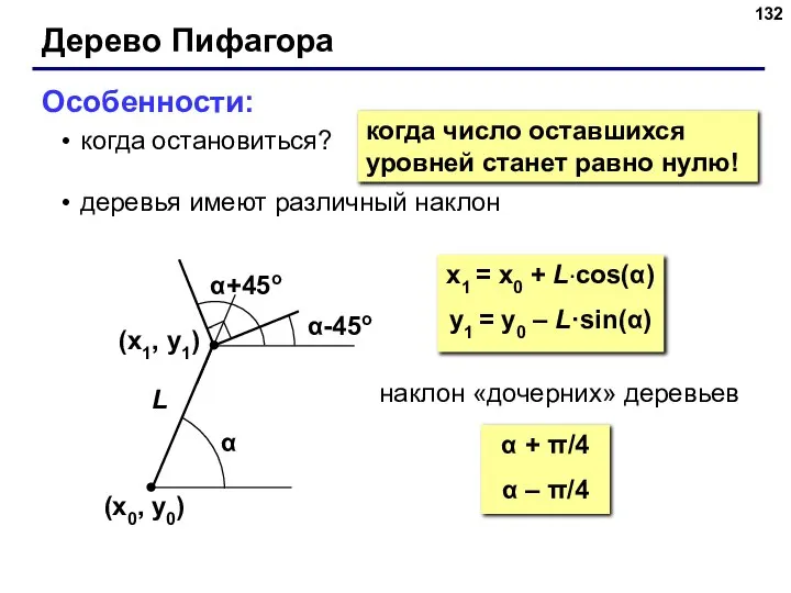 Дерево Пифагора Особенности: когда остановиться? деревья имеют различный наклон когда число