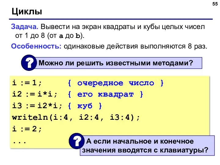 Циклы Задача. Вывести на экран квадраты и кубы целых чисел от