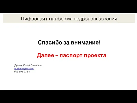 Спасибо за внимание! Душин Юрий Павлович dushin55@mail.ru 909-998-22-98 Цифровая платформа недропользования Далее – паспорт проекта