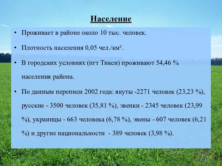 Население Проживает в районе около 10 тыс. человек. Плотность населения 0,05