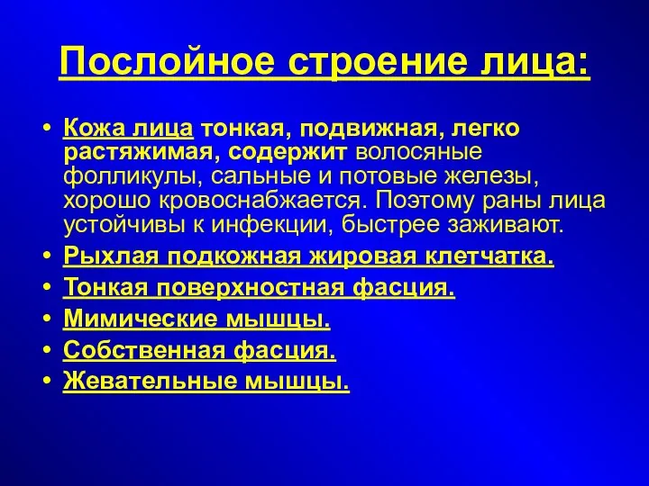 Послойное строение лица: Кожа лица тонкая, подвижная, легко растяжимая, содержит волосяные