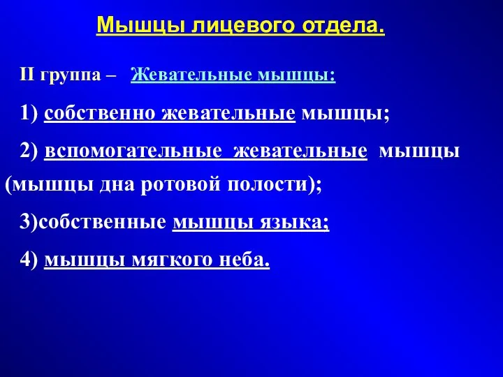 Мышцы лицевого отдела. II группа – Жевательные мышцы: 1) собственно жевательные