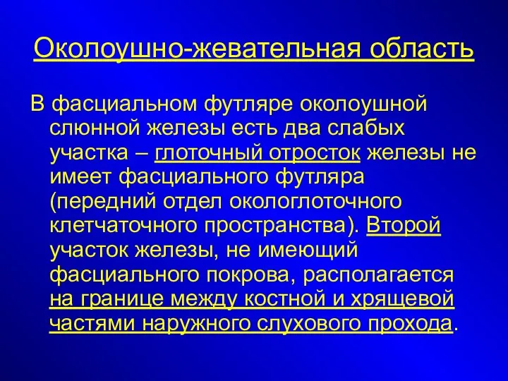 Околоушно-жевательная область В фасциальном футляре околоушной слюнной железы есть два слабых