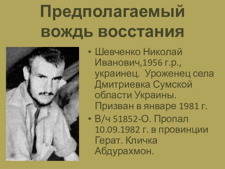 Предполагаемый вождь восстания Шевченко Николай Иванович,1956 г.р., украинец. Уроженец села Дмитриевка