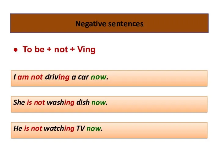 To be + not + Ving I am not driving a