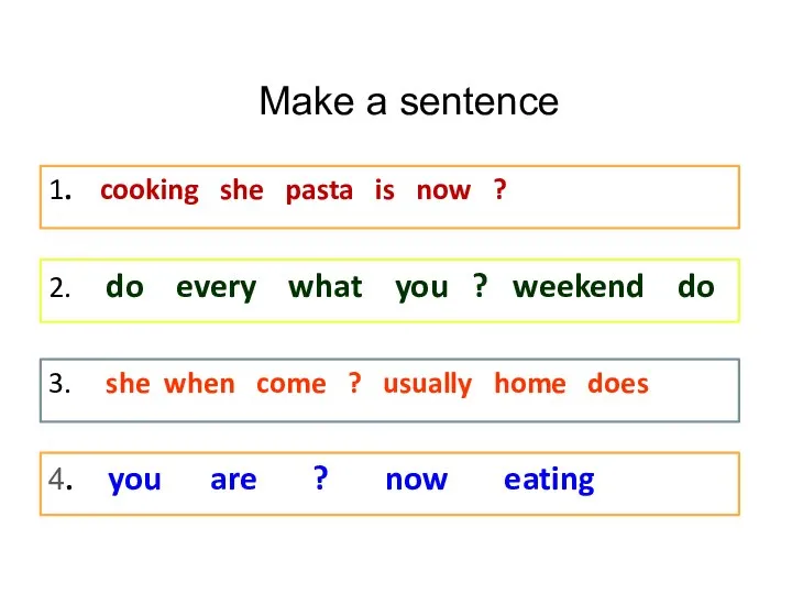 Make a sentence 4. you are ? now eating 2. do