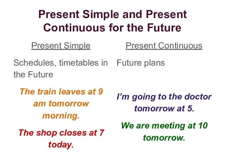 Present Simple and Present Continuous for the Future Present Simple Schedules,