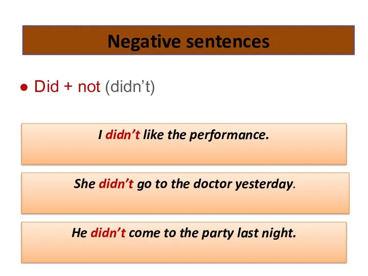 Negative sentences Did + not (didn’t) I didn’t like the performance.