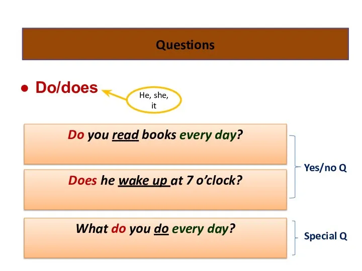 Questions Do/does Do you read books every day? He, she, it