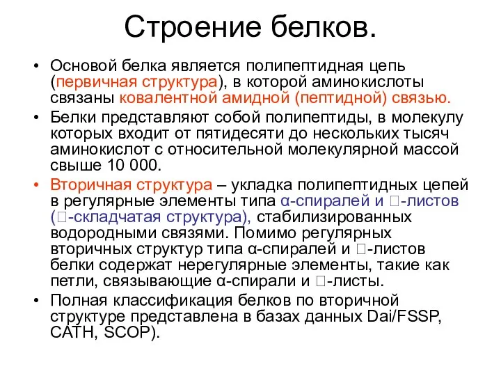 Строение белков. Основой белка является полипептидная цепь (первичная структура), в которой