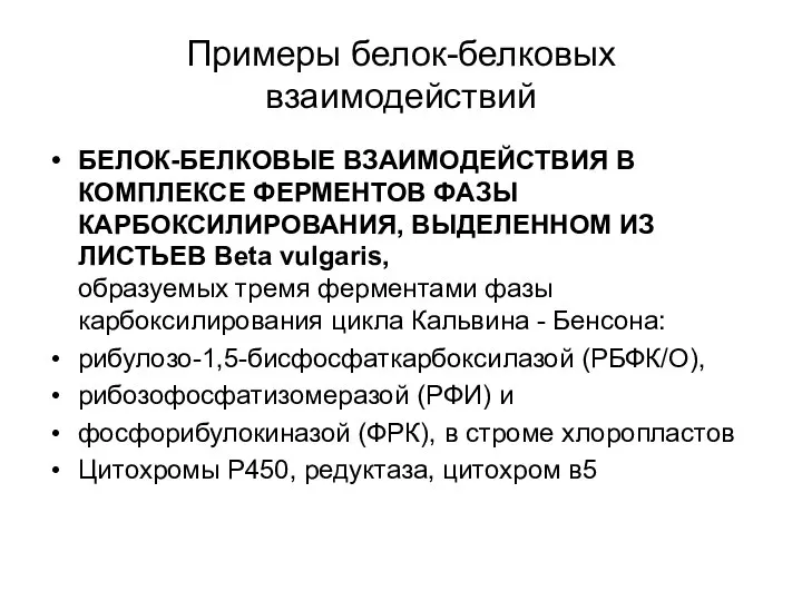 Примеры белок-белковых взаимодействий БЕЛОК-БЕЛКОВЫЕ ВЗАИМОДЕЙСТВИЯ В КОМПЛЕКСЕ ФЕРМЕНТОВ ФАЗЫ КАРБОКСИЛИРОВАНИЯ, ВЫДЕЛЕННОМ