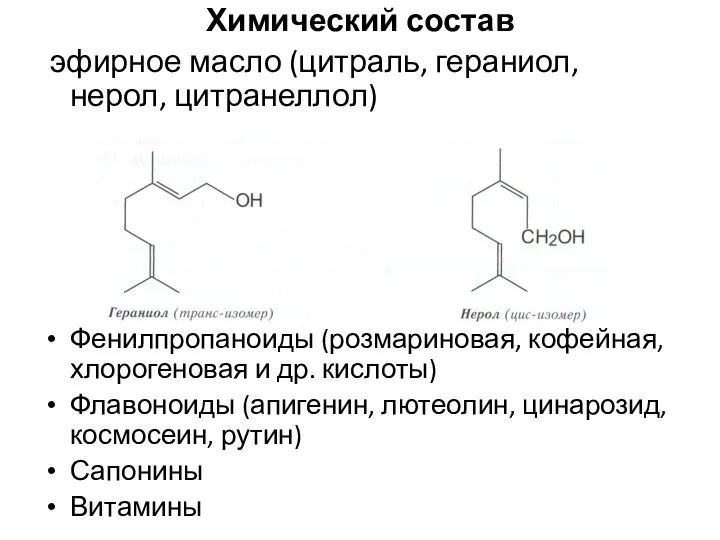 Химический состав эфирное масло (цитраль, гераниол, нерол, цитранеллол) Фенилпропаноиды (розмариновая, кофейная,