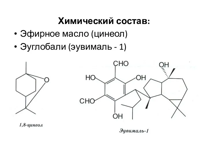 Химический состав: Эфирное масло (цинеол) Эуглобали (эувималь - 1)