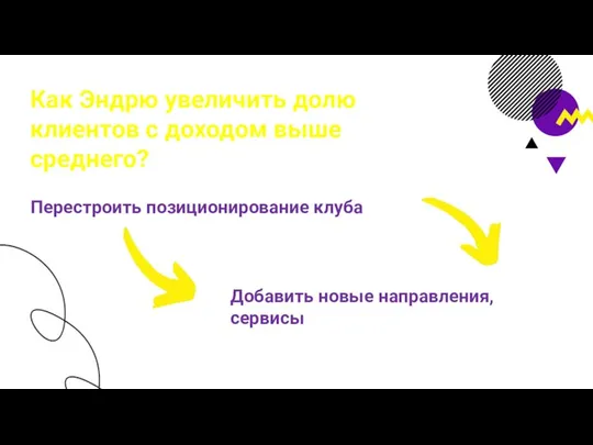 Как Эндрю увеличить долю клиентов с доходом выше среднего? Перестроить позиционирование клуба Добавить новые направления, сервисы