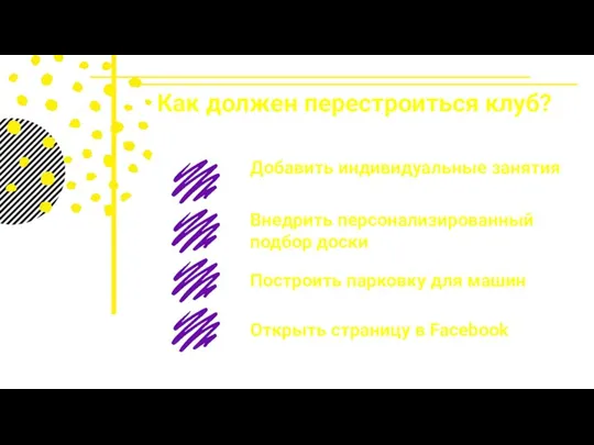 Как должен перестроиться клуб? Добавить индивидуальные занятия Внедрить персонализированный подбор доски