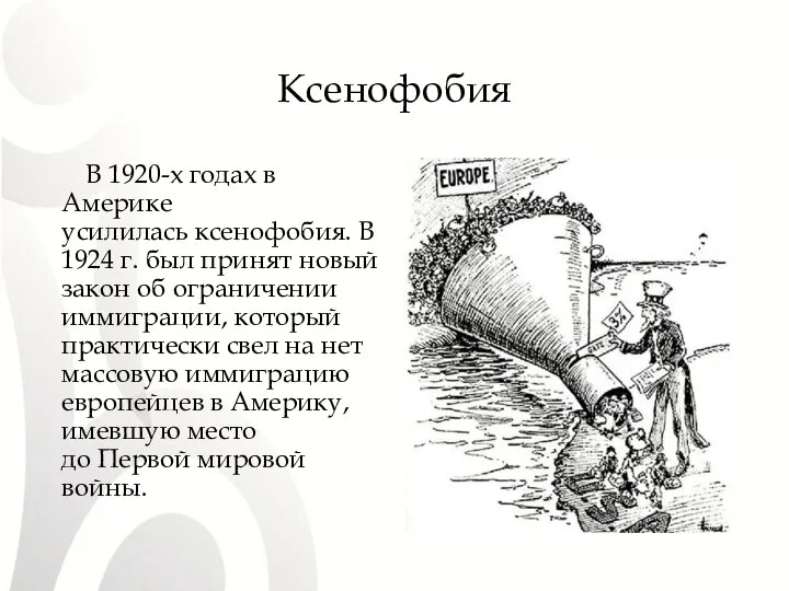 Ксенофобия В 1920-х годах в Америке усилилась ксенофобия. В 1924 г.