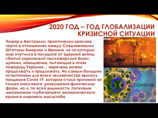 2020 ГОД – ГОД ГЛОБАЛИЗАЦИИ КРИЗИСНОЙ СИТУАЦИИ Пожар в Австралии, практически